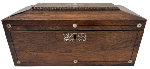 ROSEWOOD TEA CADDY W/ MOTHER OF PEARL INLAY MISSING TEA BIN LID 6" X 13" X 7"
