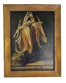 STILL LIFE CORN & GRAPES SGND R. PERRITI, OIL / BD (ROBERT PERRITI) 16" X 12"