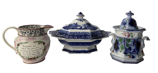 STRAWBERRY LUSTER SUGAR POT & SUNDERLAND LUSTER PITCHER FROM WOLFE COLLECTION (SPOUT FLAKE) & BLUE &