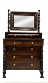 AMERICAN EMPIRE CLASSICALLY CARVED CHEST WITH MIRROR 75" X 44" X 22 1/4"