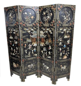 19THC 4 SECTION CORAMANDEL CHINESE SCREEN WITH HARD STONE DECORATION 72 1/4" X 73" X 1 1/4"