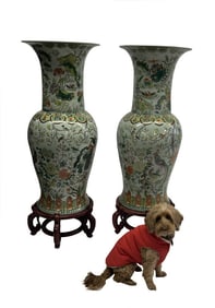 PAIR OF 20THC. CHINESE CELEDON GLAZED TEMPLE URNS BIRDS & FLORAL DECORATIONS  46" TALL X 20" WITH
