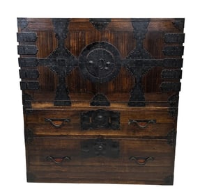 19THC. ORIENTAL METAL BOUND CHEST 40" X 37" X 16 1/2"