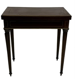 LATE REGENCY CARD TABLE WITH BRASS INLAY & DESK DRAWER COMPARTMENT 29 1/2" TALL X 27 1/2" W X 17