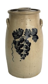 A.K. BALLARD STONEWARE CHURN W/ CLUSTER OF GRAPES 4 GALLON, 16 1/2" X 9"