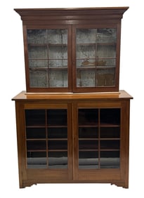 19THC. CHERRY 2 PART GLAZED DOOR BOOKCASE SHOWCASE TOP / BOTTOM BY ASSOCIATION 86 1/2" X 56" X 22