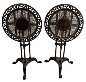 PR OF CARVED & CANED TILT TOP TABLES, PROB. ENG. COLONIAL INDIA 27 1/2" X 21" DIAM.