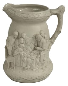 LARGE C. 1865 PARIAN PITCHER W/ FIGURES IN RELIEF "LINCOLN SURROUNDED BY MARY TODD & CABINET" 10