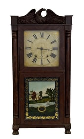 SETH THOMAS SHELF CLOCK W. EAGLE CREST & PAW FEET C. 1825 37" X 17 1/2" X 6"