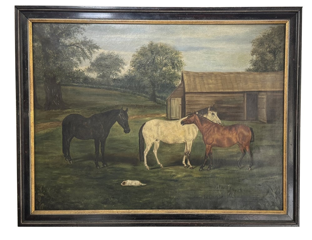 AMERICAN SCHOOL 19THC. OIL / CANVAS "THREE HORSES" UNSIGNED 18" X 24" (1 of 7)
