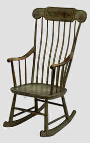 19THC. ROCKING CHAIR IN ORIG WINDSOR GREEN PAINT 43 1/2" X 24 1/4" X 28"