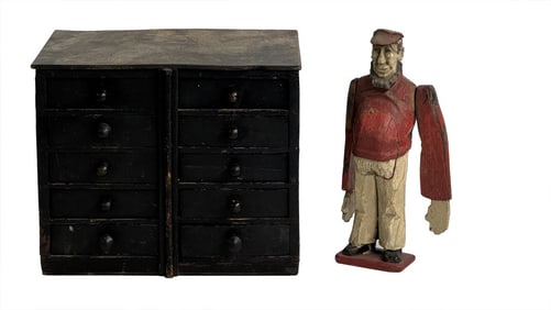 LATE 19TH OR EARLY 20THC. WHIRLIGIG "OLD SAL & 10 DRAWER BOX 10" X 11 1/2" X 8 1/4"  WHIRLY GIG 11