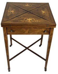 MARQUETRY INLAID REVOLVING TOP HANDKERCHIEF TABLE WITH PLAYING SURFACE & CHIP BINS 28" X 21" X 21"