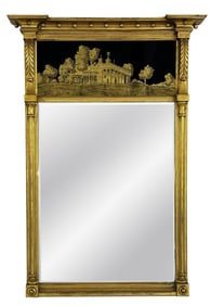 FEDERAL STYLE  COLONIAL REVIVAL MIRROR W/ GILDED EGOLMISE PANEL OF MT. VERNON, EARLY 20THC. 38 1/2"
