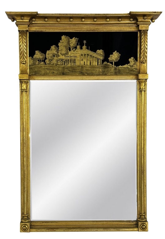 FEDERAL STYLE  COLONIAL REVIVAL MIRROR W/ GILDED EGOLMISE PANEL OF MT. VERNON, EARLY 20THC. 38 1/2" (1 of 7)