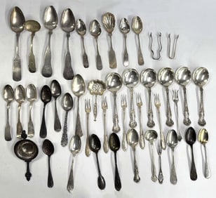 GROUP OF STERLING & COIN SILVER INC. CREAM SOUPS, SEAFOOD FORKS, SPOONS, ETC. COIN-7 TROY OZ & STERL