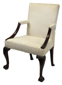 EARLY ENGLISH ARM CHAIR WITH BALL & CLAW FEET OLD REPAIRS TO 1 ARM, 37" X 25 1/2" X 22"