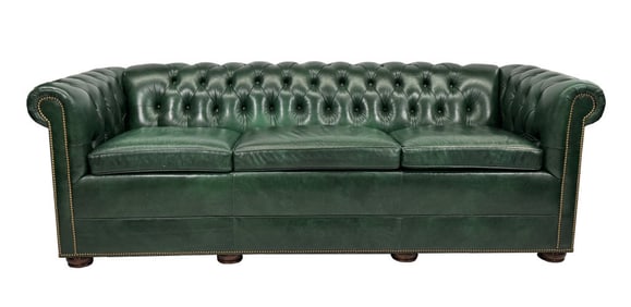 GREEN LEATHER CHESTERFIELD SOFA 30 1/2" X 89" X 33"