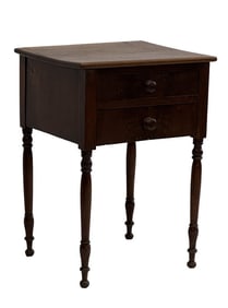2 DRAWER WORK TABLE WITH MAHOGANY VENEERED DRAWER FRONTS 28 3/4" X 19" X 17 1/4"