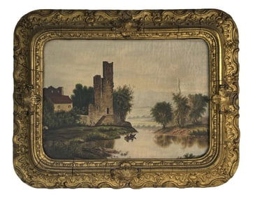 19THC. OIL / CANVAS "BANNERMANS ISLAND " UNSIGNED 12" X 16"