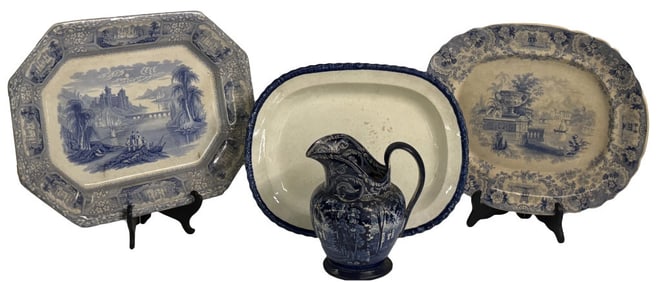 3 STAFFORDSHIRE PLATTERS & TRANSFERWARE PITCHER DARK BLUE LARGEST PLATTER 18"
