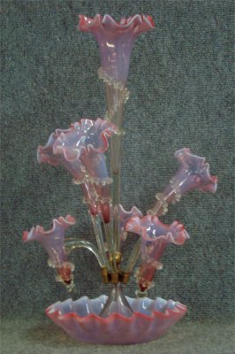 Victorian Art Glass Epergne With Opalescent Overla: Victorian Art Glass Epergne With Opalescent Overlay, 22" Tall