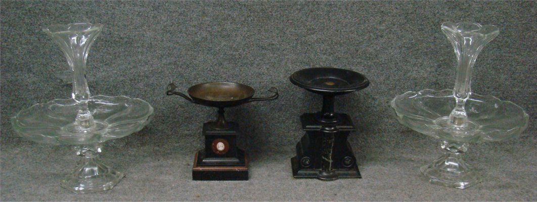 Two Crystal Epergnes & Two Tazzas Including One Br: Two Crystal Epergnes & Two Tazzas Including One Brass & Marble