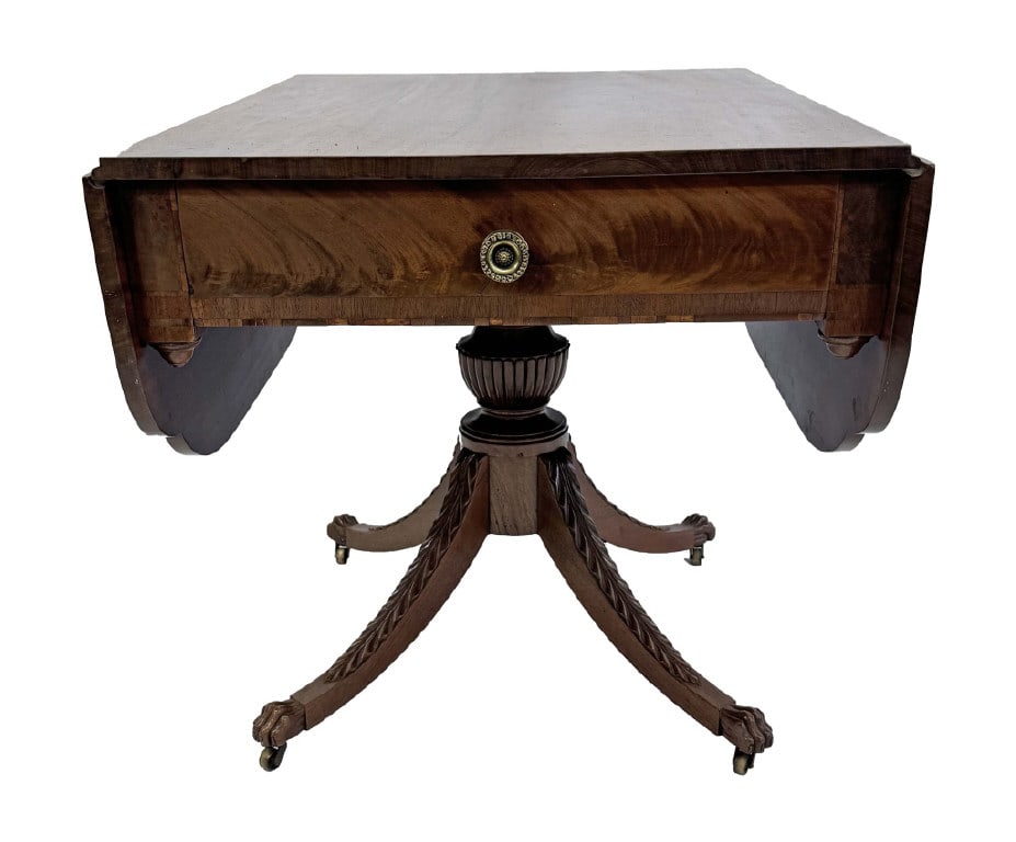 NY FEDERAL PEMBROKE TABLE ATTRIB. TO DUNCAN PHYFE WORKSHOP, C. 1815, REEDED URN & ACANTHUS CARVED: NY FEDERAL PEMBROKE TABLE ATTRIB. TO DUNCAN PHYFE WORKSHOP, C. 1815, REEDED URN & ACANTHUS CARVED LEGS, 27 1/2" X 36" X 27 1/2" CLOSED 51" OPEN