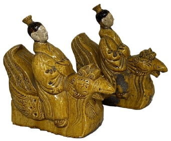 PR OF CHINESE BISCUIT POTTERY  FIGURAL ROOF TILES 8" X 8"