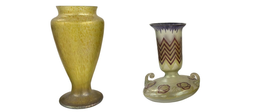 2 PCS. LOETZ OR AUSTRIAN ART GLASS, TALLEST 12": 2 PCS. LOETZ OR AUSTRIAN ART GLASS, TALLEST 12"