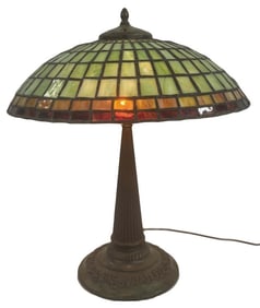 LEADED GLASS TABLE LAMP, 19 1/2" TALL SHADE IS 16 1/2" DIAM.