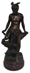 BRONZE "MERCURY" BY BOURET ON ROUGE MARBLE BASE (EUTROPE BOURET1833 - 1906) 26"