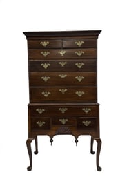 18THC NEWPORT RI MAHOGANY HIGHBOY, ORIGINAL BRASS & SHELL CARVINGS 71" X 36 3/4" X 20"
