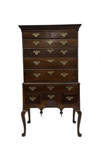 18THC NEWPORT RI MAHOGANY HIGHBOY, ORIGINAL BRASS & SHELL CARVINGS 71" X 36 3/4" X 20": 18THC NEWPORT RI MAHOGANY HIGHBOY, ORIGINAL BRASS & SHELL CARVINGS 71" X 36 3/4" X 20"
