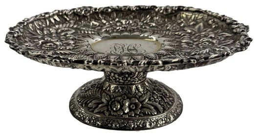 TIFFANY & CO. STERLING SILVER COMPOTE, FLORAL REPOUSSE, APPROX. 12.26 TROY OZ