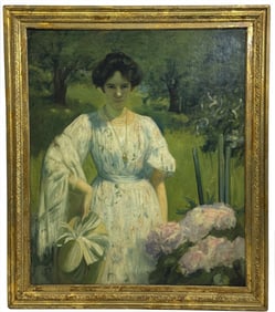 OIL / CANVAS PORTRAIT OF A WOMAN IN A GARDEN 44" X 38"