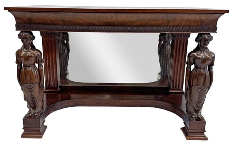 MAHOG CONSOLE TABLE ATTRIB. TO JOSEPH BARRY, PHIL. FULLY CARVED FIGURAL SUPPORTS 39" X 56" X 25 3/4"
