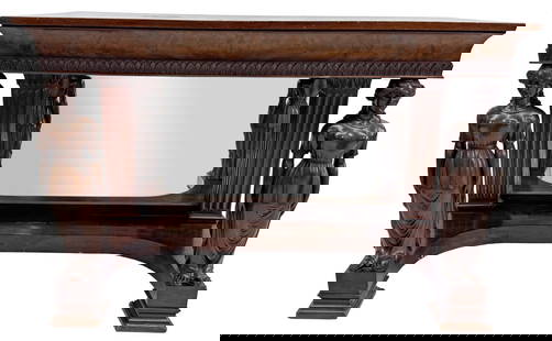 MAHOG CONSOLE TABLE ATTRIB. TO JOSEPH BARRY, PHIL. FULLY CARVED FIGURAL SUPPORTS 39" X 56" X 25 3/4": MAHOG CONSOLE TABLE ATTRIB. TO JOSEPH BARRY, PHIL. FULLY CARVED FIGURAL SUPPORTS 39" X 56" X 25 3/4" TOP:58" X 27 5/8"