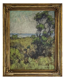 OIL / PANEL "NANTUCKET LANDSCAPE" BY HARRIET LORD (1879-1958) 14" X 10 3/4"