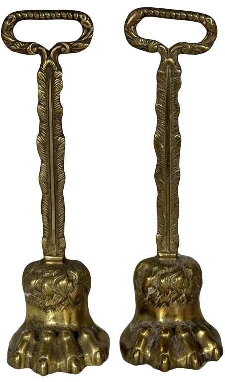 2 - 19THC. BRASS PAW FOOTED DOORSTOPS 11 3/4" X 3 1/2": 2 - 19THC. BRASS PAW FOOTED DOORSTOPS 11 3/4" X 3 1/2"