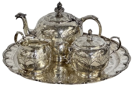 TIFFANY & CO. STERLING SILVER TEA SET WITH TRAY SINGLE SERVE, TRAY DIAM 10" APPROX. 32 TROY OZ