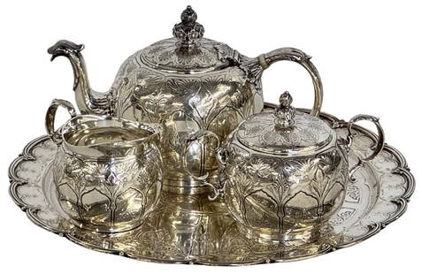 TIFFANY & CO. STERLING SILVER TEA SET WITH TRAY SINGLE SERVE,   TRAY DIAM 10" APPROX. 32 TROY OZ: TIFFANY & CO. STERLING SILVER TEA SET WITH TRAY SINGLE SERVE, TRAY DIAM 10" APPROX. 32 TROY OZ