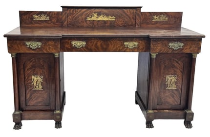 BOSTON PERIOD MAHOGANY DOUBLE PEDESTAL SIDEBOARD 19THC. WITH ORMOLU MOUNTS 49" X 78" X 28"