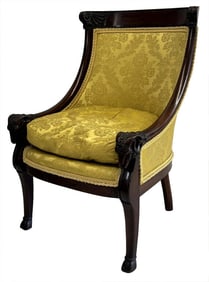 19THC. FRENCH SALON CHAIR W/ RAMS HEAD CARVING 35" X 23 1/2" X 20 1/2"