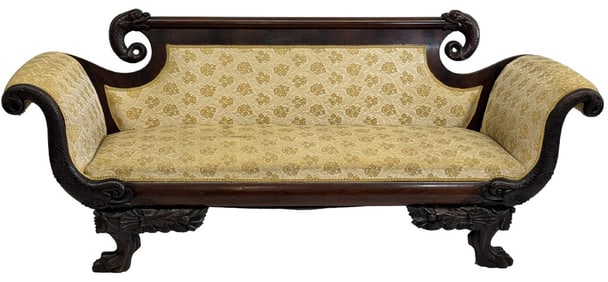 NY CLASSICALLY CARVED DOLPHIN SOFA C. 1825 WITH PAW FEET 34" X 83" X 25"
