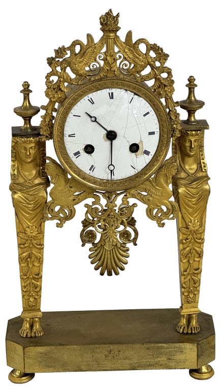 FRENCH EGYPTIAN REVIVAL BRONZE  FIRE GILDED CLOCK 15" X 8 1/2" X 3 1/4" (1 of 7)