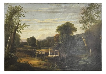 OIL/CANVAS 19THC. AMERICAN SCHOOL LANDSCAPE UNSIGNED WITH WATER WHEEL & FIGURE,  34" X 24"