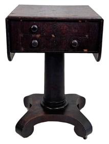 LABELED W. FISKE, BOSTON 2 DRAWER WORK TABLE WITH DROP LEAVES, 29 3/4" x 37 1/2" OPEN, 19 1/2"