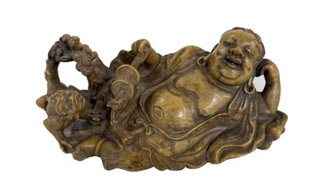 SOAPSTONE RECLINING BUDDHA / LUOHAN WITH COINS & SERPENT 3 1/2" X 9 1/2"