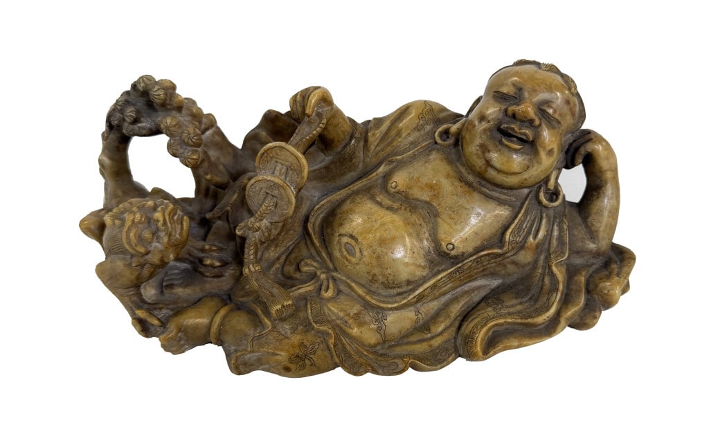 SOAPSTONE RECLINING BUDDHA / LUOHAN WITH COINS & SERPENT 3 1/2" X 9 1/2": SOAPSTONE RECLINING BUDDHA / LUOHAN WITH COINS & SERPENT 3 1/2" X 9 1/2"